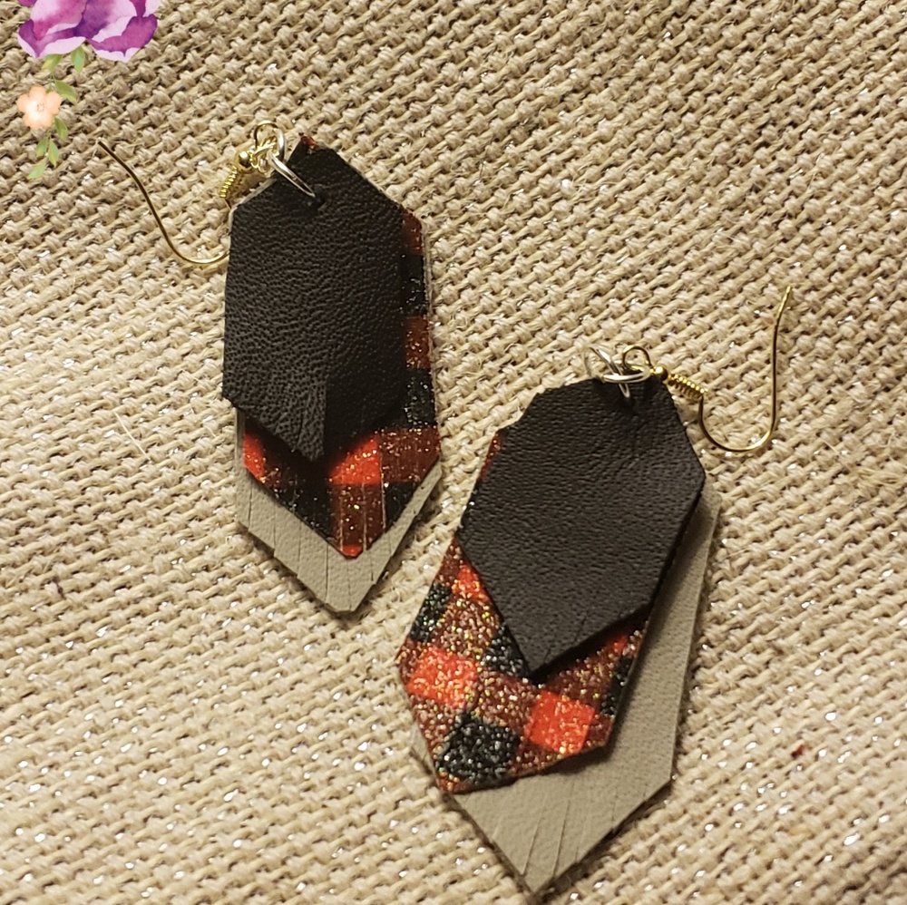 3 layer, leather earrings tan, buffalo, black